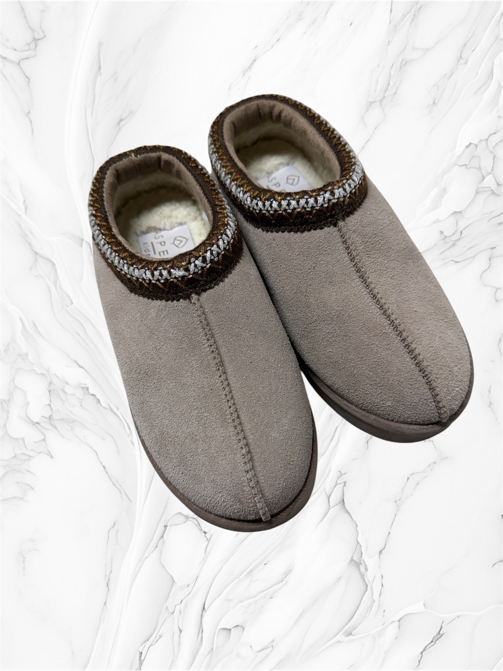 Aspen kids Cozy Slip-On kids leather Suede Slippers - Taupe tan size 4